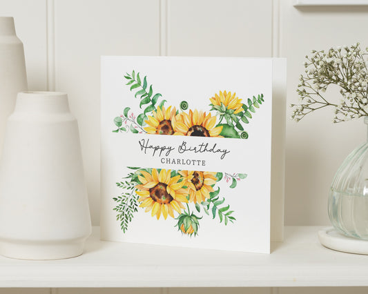 Birthday Card for Her, Personalised Birthday Card, Floral Birthday Card, Sunflower Card, Card for Friend, Custom Name Card