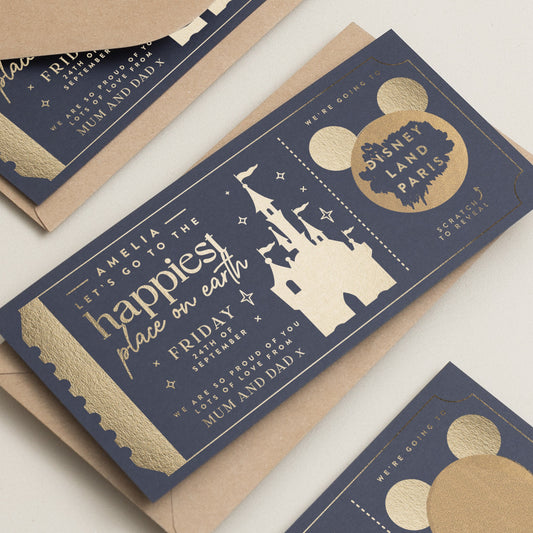 Scratch To Reveal Holiday Gift Voucher, Disney Voucher, Travel Ticket Gold Foil Voucher, Holiday Scratch Reveal, Scratch Card Gold Ticket