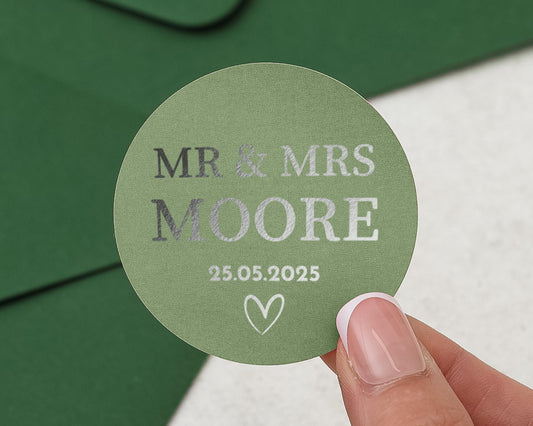 Wedding Stickers Personalised, Mr And Mrs Stickers, Custom Wedding Envelope Seals, Silver Foil Wedding Stickers, Name Date Heart