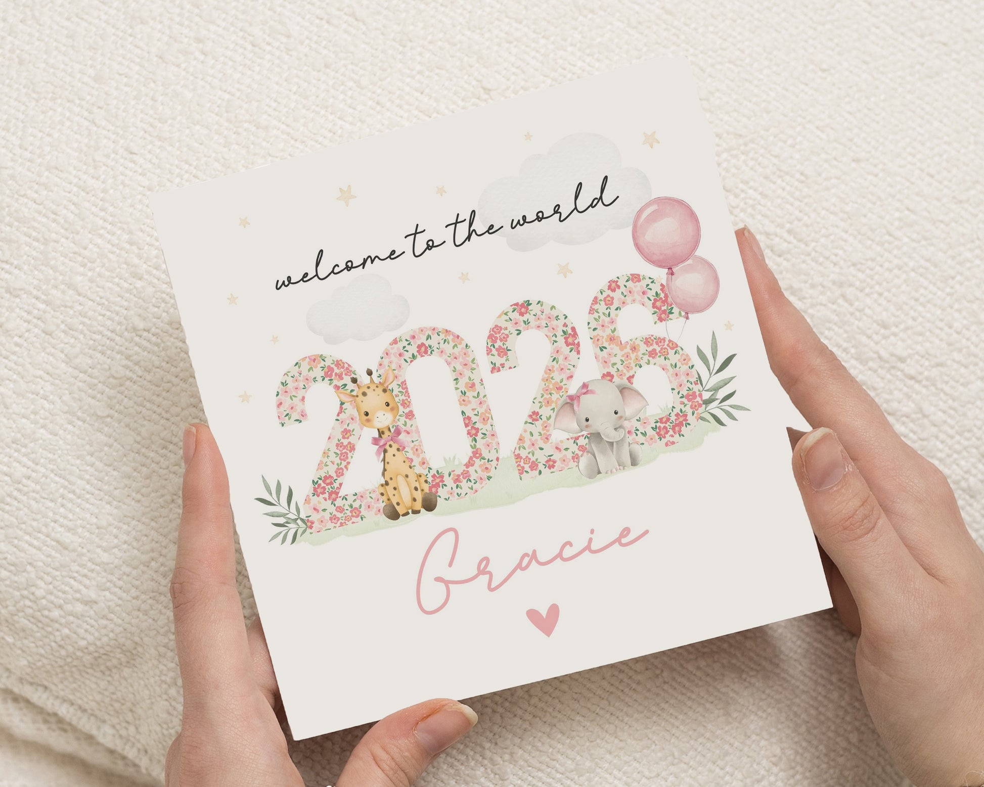 Personalised New Baby Card, Baby Girl Card, Welcome to the World, 2026, Elephant and Giraffe Card, Custom Name, Floral Baby Card