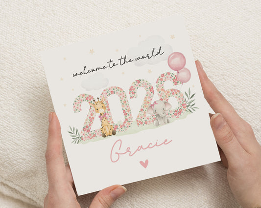 Personalised New Baby Card, Baby Girl Card, Welcome to the World, 2026, Elephant and Giraffe Card, Custom Name, Floral Baby Card