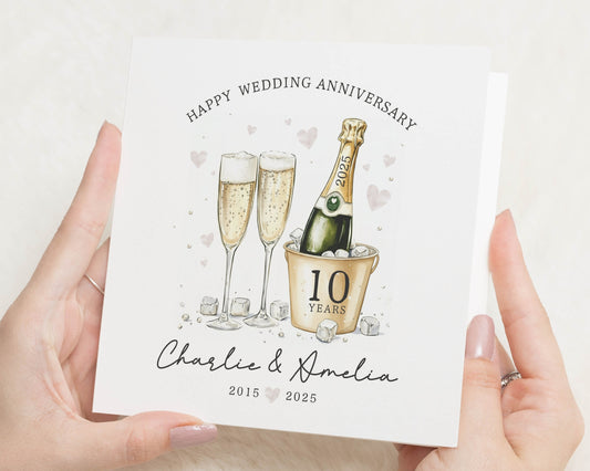 Anniversary Card, Personalised Wedding Anniversary Card, 10th Anniversary Card, Champagne Card, Card for Couple, Custom Anniversary Card