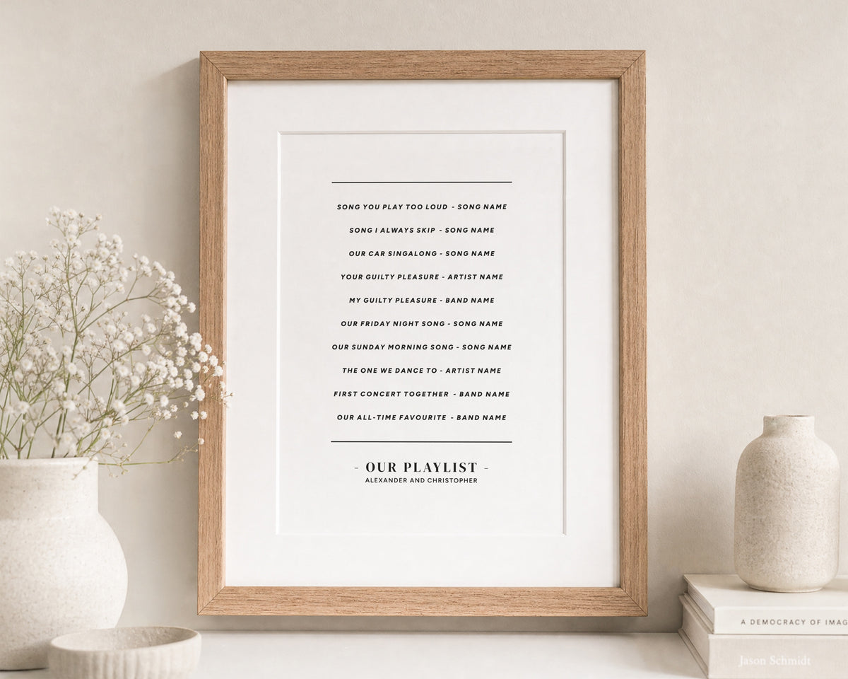 Personalised Playlist Print, Custom Song Wall Art, Couple Music Gift, Anniversary Gift, Wedding Gift, Bedroom Wall Art, Oak Framed Print