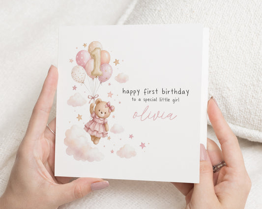 Personalised 1st Birthday Card for Girl, First Birthday Card, Birthday Card for Daughter, Granddaughter, Niece, Teddy Bear Birthday Card