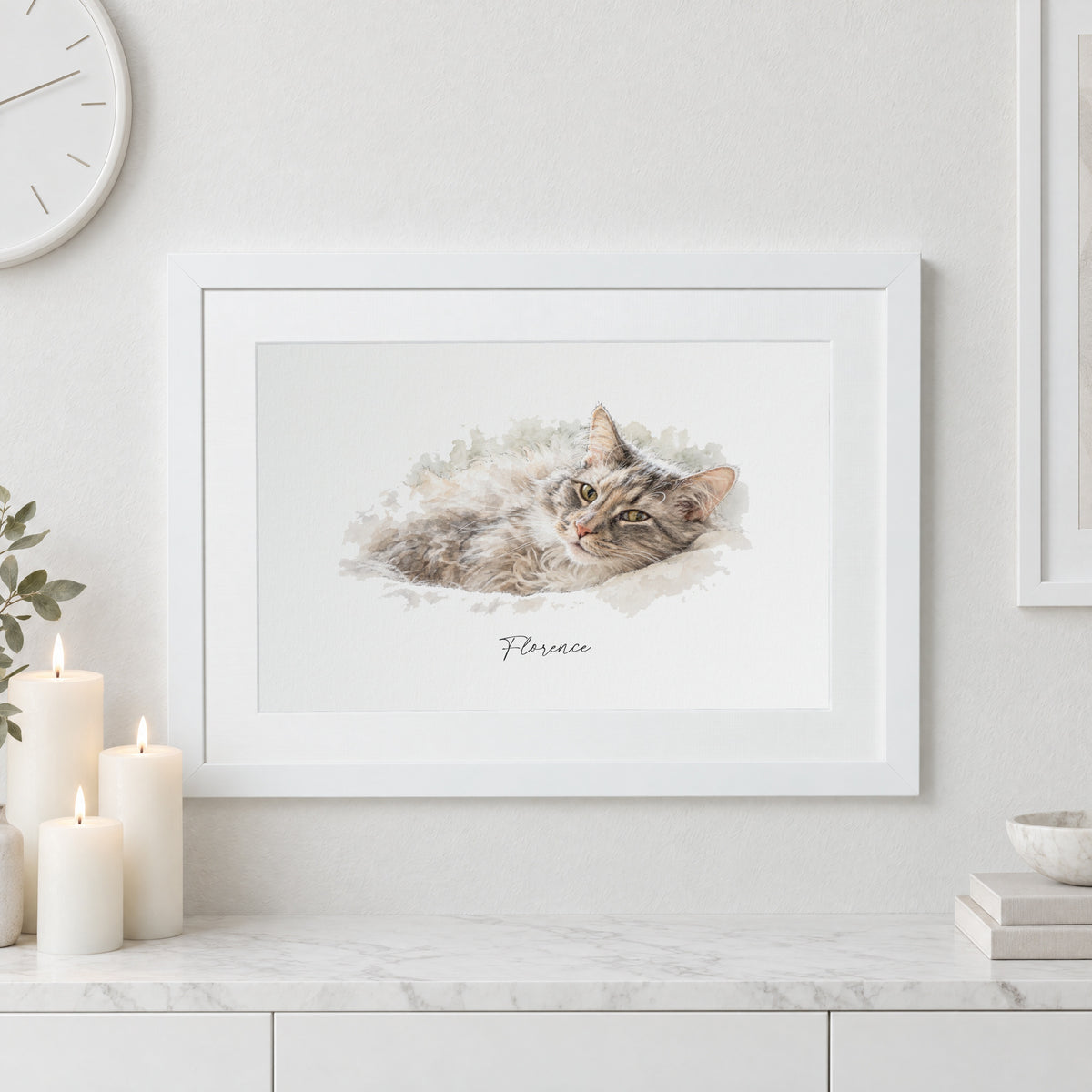 Personalised Pet Portrait From Photo, Custom Watercolour Pet Print, Cat Lover Gift, Gift for Pet Owner, White Framed Wall Art