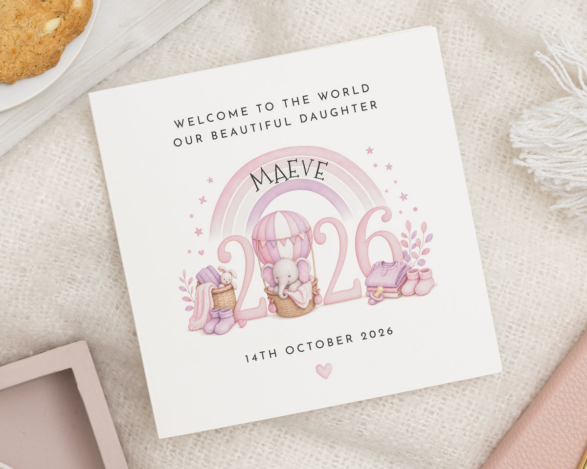 New Baby Card for Daughter, Personalised Baby Girl Card, Welcome to the World Card, Newborn Baby Card, Rainbow New Baby Card, Cute Baby Card
