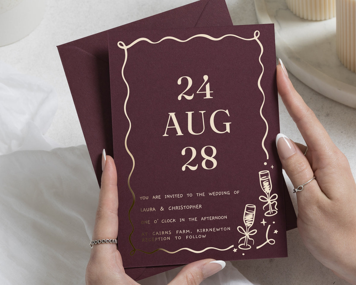 Gold Foil Wedding Invitations, Burgundy Wedding Invite with Wavy Border, Modern Typography Personalised Wedding Invitation