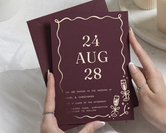Gold Foil Wedding Invitations, Burgundy Wedding Invite with Wavy Border, Modern Typography Personalised Wedding Invitation