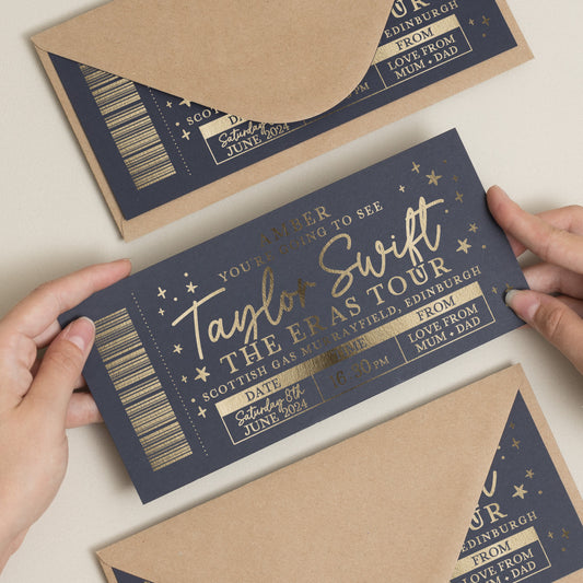 Personalised Gold Foil Scratch Gift Voucher, Taylor Swift Gig Ticket Gift Voucher, Scratch Reveal Gift, Scratch To Reveal, Gig Ticket