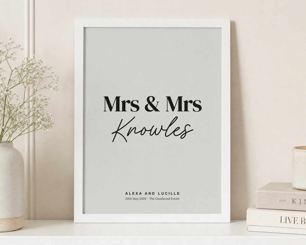 Personalised Mrs and Mrs Wedding Print, Grey Wall Art, Lesbian Couple Gift, Anniversary Gift, Same Sex Wedding Keepsake