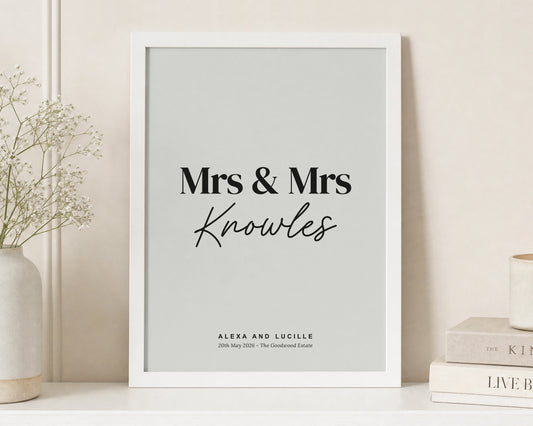 Personalised Mrs and Mrs Wedding Print, Grey Wall Art, Lesbian Couple Gift, Anniversary Gift, Same Sex Wedding Keepsake