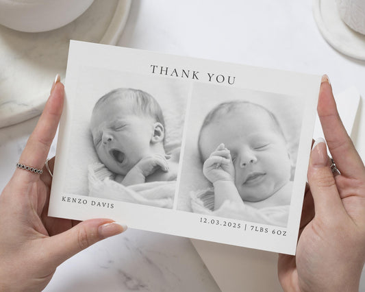 Black & White Photo Folded Thank You Cards, New Baby Photo Thankyou Cards, Baby Personalised Thank You Card, New Baby Boy Announcement Cards