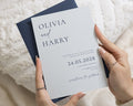 Light Blue Wedding Invitations with Slate Blue Envelopes, Minimalist Wedding Invites, Elegant Typography, Personalised Invitation Suite