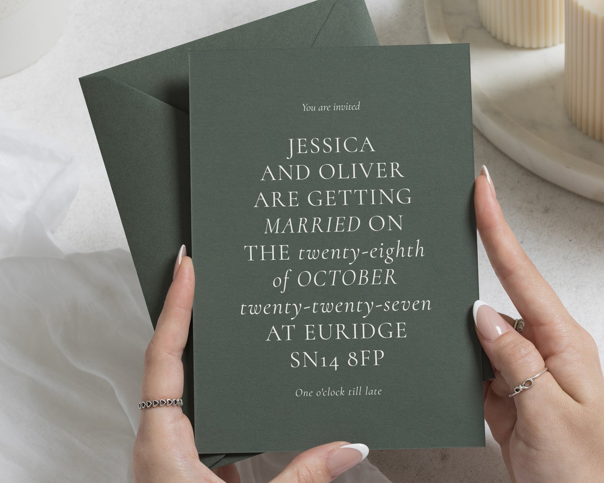 Olive Green Wedding Invitations, Minimalist Typography Wedding Invites, Elegant Formal Wedding Stationery, Personalised Invitation Suite
