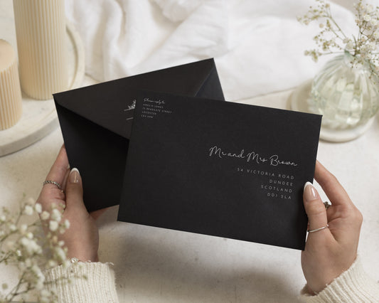 Black Envelopes with White Ink Address Printing, C6, 5x7 or C5 Wedding Invitation Envelopes (Onyx)