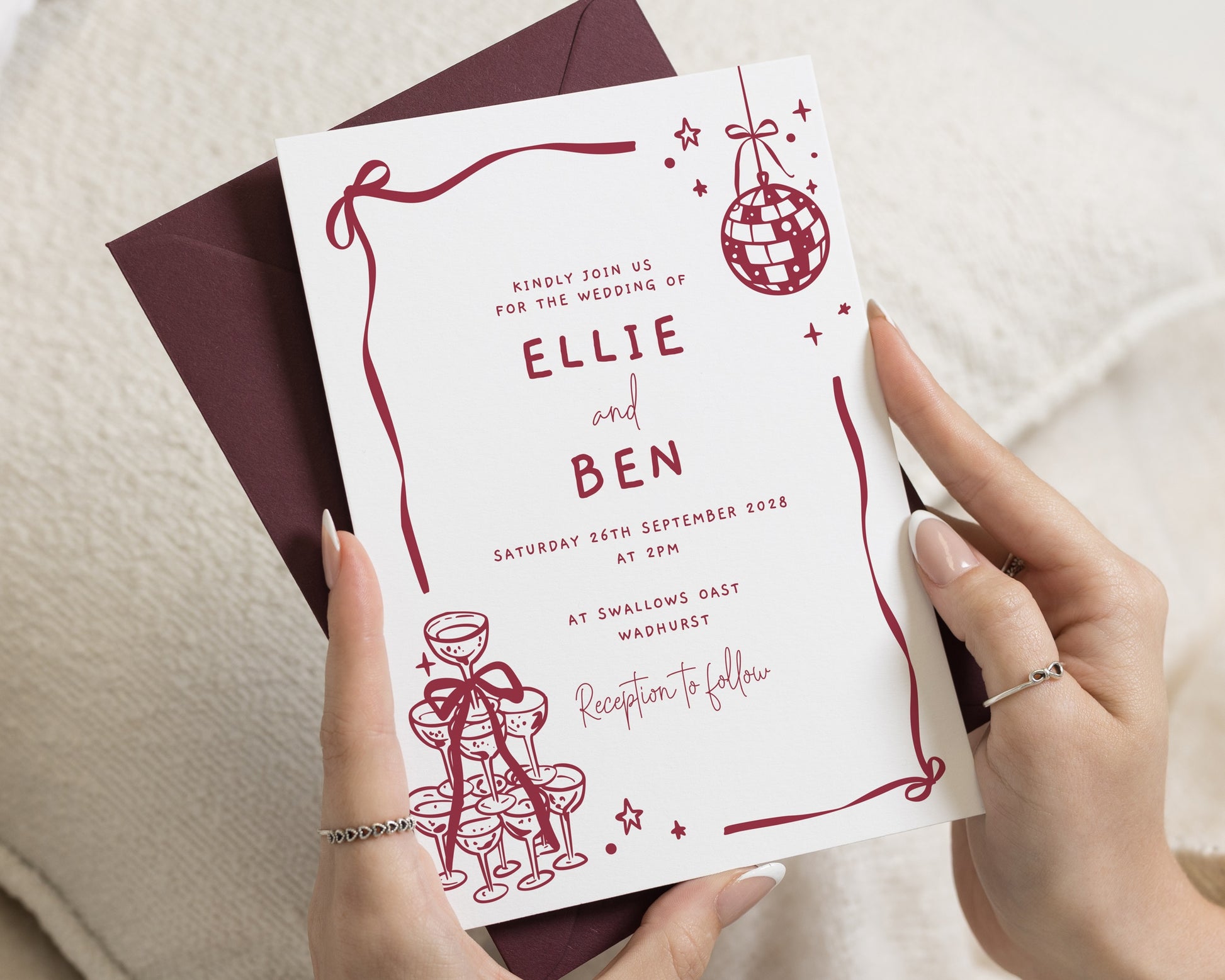 Burgundy Disco Wedding Invitations, Party Wedding Invites, Champagne Tower Wedding Stationery, Personalised Invitation Suite