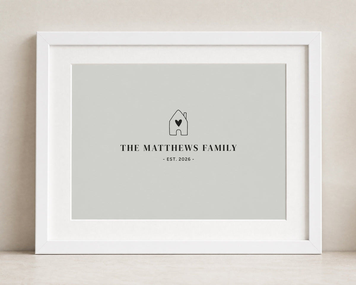 Personalised Family Name Print, Soft Grey Wall Art, New Home Gift, House Warming Gift, Minimalist White Framed Print