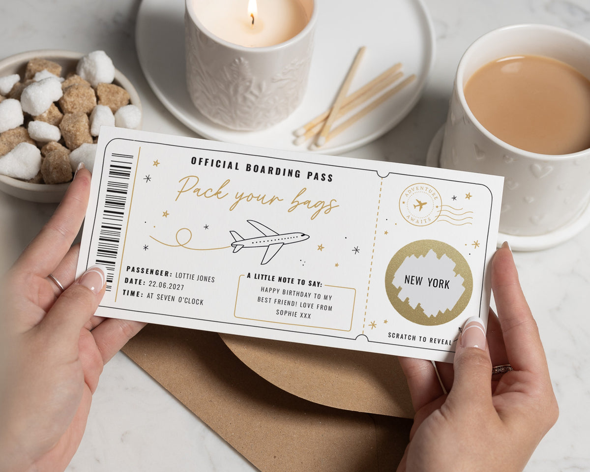 Scratch Off Holiday Reveal Voucher, Pack Your Bags Boarding Pass, Travel Gift Voucher, Birthday Surprise Gift for Best Friend