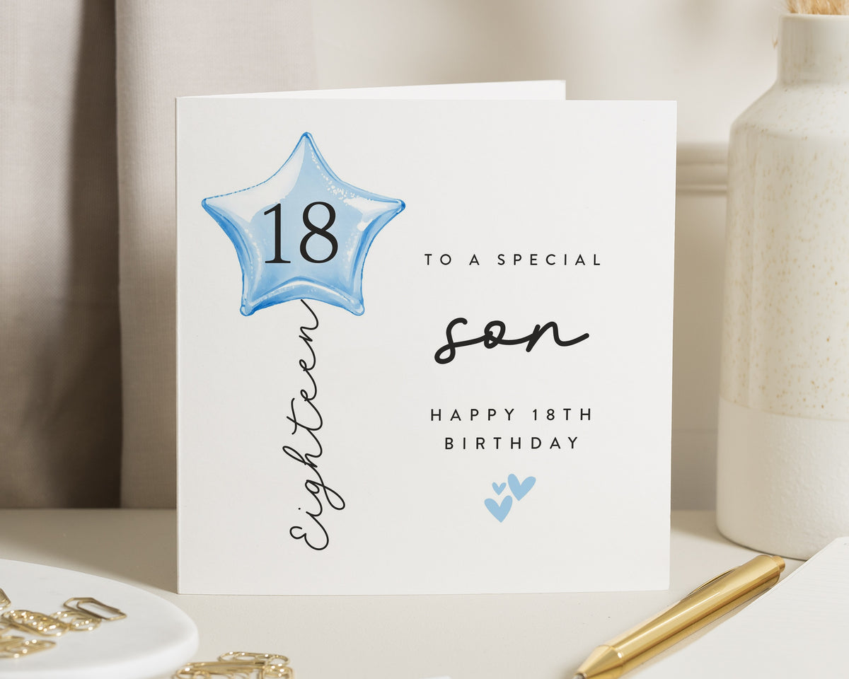 18th Birthday Card for Son, Son 18th Birthday Card, Eighteenth Birthday Card for Him, Birthday Card for Boy, Blue Balloon Card