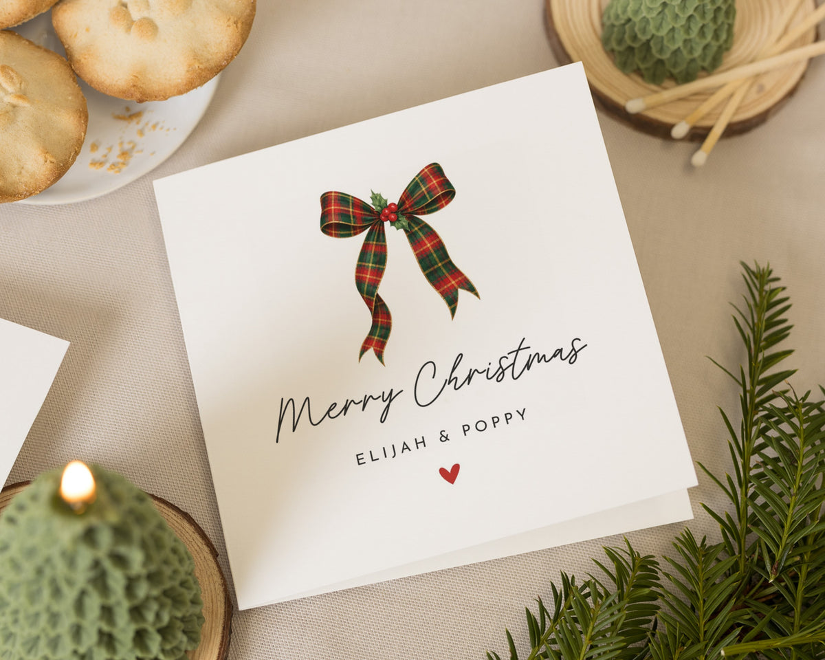 Personalised Christmas Card, Christmas Card for Couples, Family Christmas Card, Tartan Bow Christmas Card, Personalised Xmas Card
