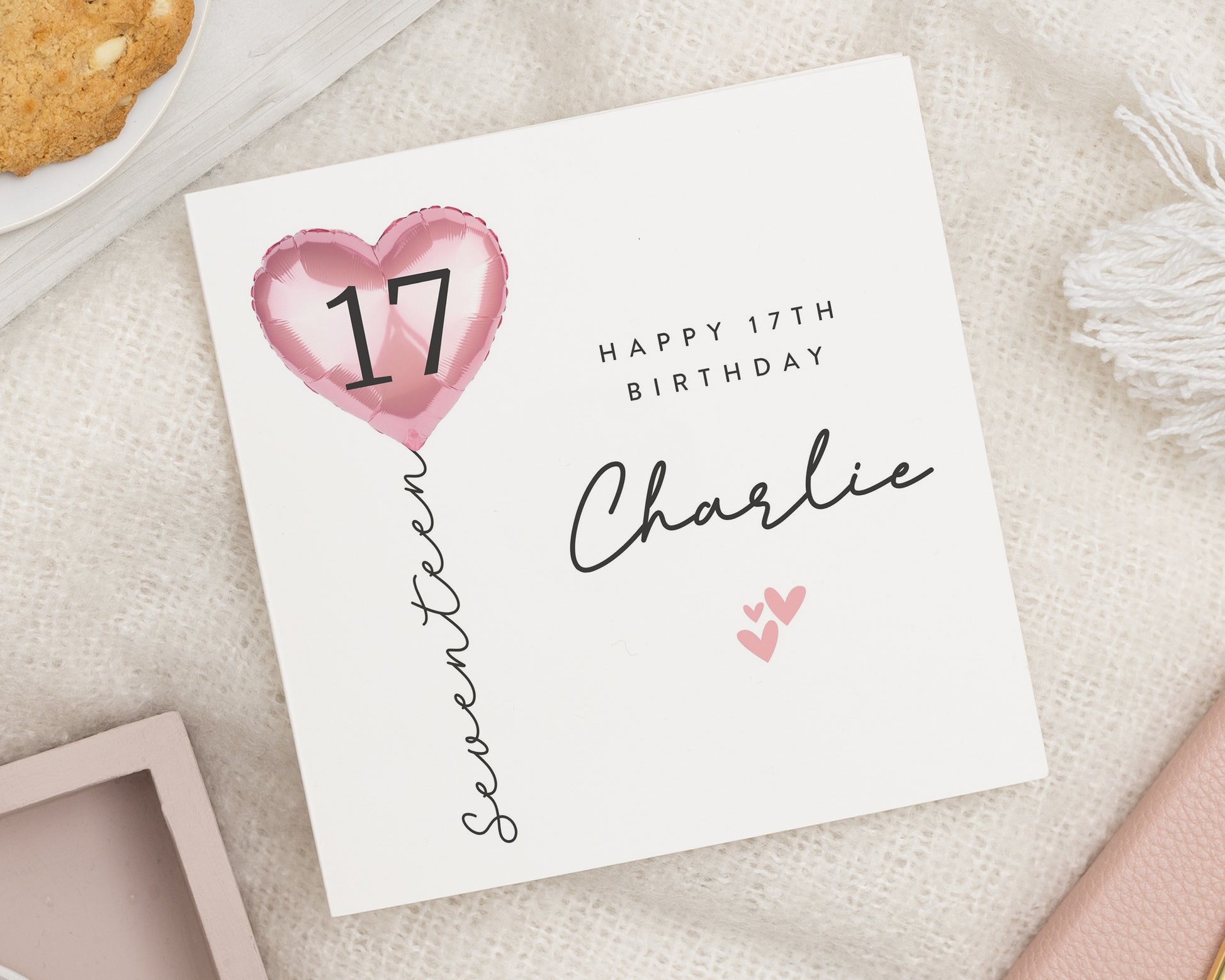17th Birthday Card, Personalised Birthday Card for Girl, Seventeenth Birthday Card, Birthday Card for Daughter, Pink Balloon Card