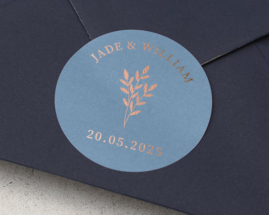 Wedding Envelope Seal, Personalised Wedding Sticker, Custom Date Sticker, Blue and Rose Gold Foil Wedding Label, Elegant Wedding Seal
