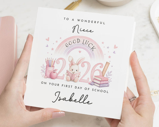 Good Luck Card for Niece, First Day of School Card, Personalised School Card for Girl, Back to School Card, Bunny Rainbow Card