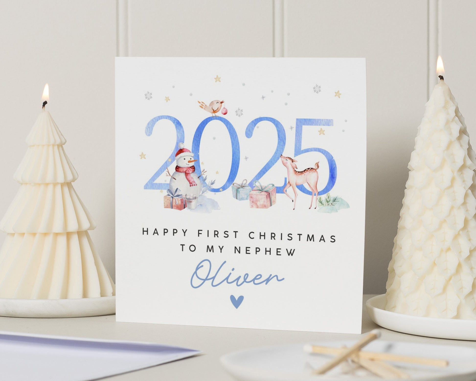 First Christmas Card for Nephew, Personalised Nephew Christmas Card, 2025 Christmas Card, Cute Snowman and Deer Card, First Xmas Card