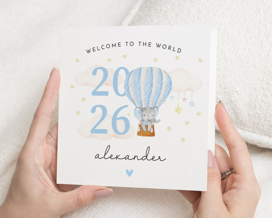 New Baby Card, Personalised Welcome To The World Card, Elephant Balloon Card, Custom Baby Card, Baby Boy Card, Cute Animal Baby Card