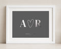 Personalised Silver Foil Couple Print, Charcoal Grey Wall Art, Initials Print, Wedding Gift, Anniversary Gift for Couple, Bedroom Wall Art