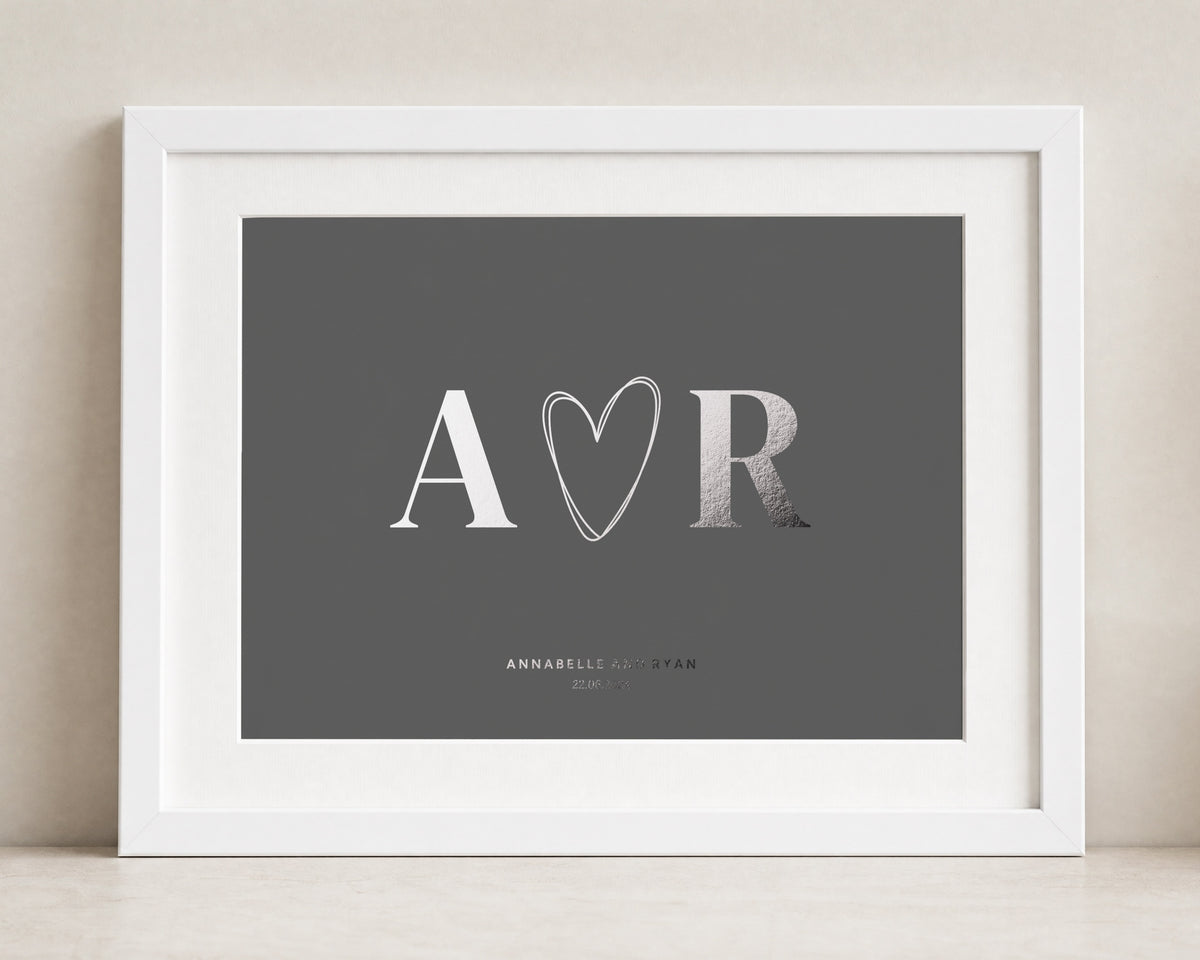 Personalised Silver Foil Initials Print, Charcoal Grey Wall Art, Couple Gift, Wedding Gift, Anniversary Gift, White Framed Print