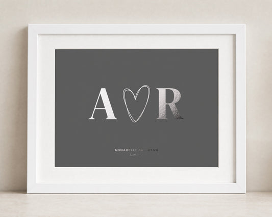 Personalised Silver Foil Initials Print, Charcoal Grey Wall Art, Couple Gift, Wedding Gift, Anniversary Gift, White Framed Print