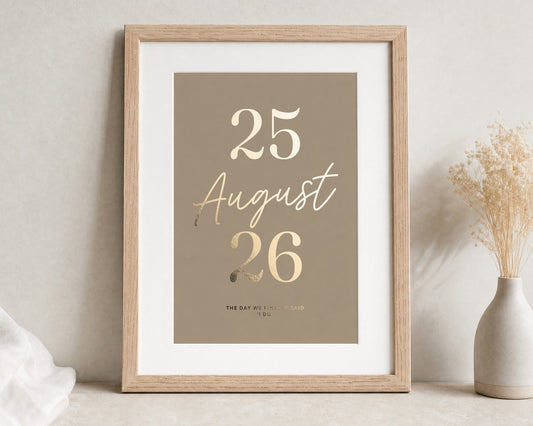 Personalised Gold Foil Wedding Date Print, Taupe Brown Wall Art, Anniversary Gift, Gift for Couple, Oak Framed Portrait Print
