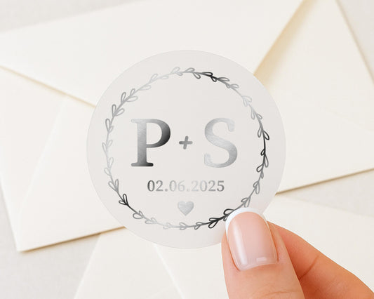 Personalised Wedding Sticker, Silver Foil Initials Sticker, Custom Date Sticker, Envelope Seal, Wedding Envelope Sticker, Initials Sticker