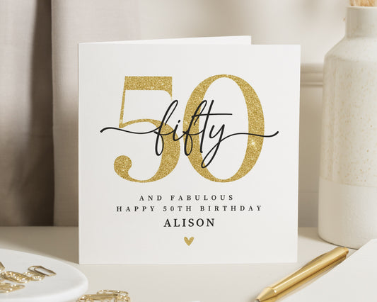 50th Birthday Card, Personalised Birthday Card for Her, 50th Birthday Card for Women, Fabulous Birthday Card, Gold Glitter Card