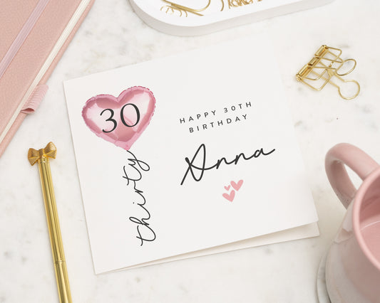 30th Birthday Card for Her, Personalised Birthday Card, Balloon Birthday Card, Birthday Card for Daughter, Friend, Wife, Custom Name Card