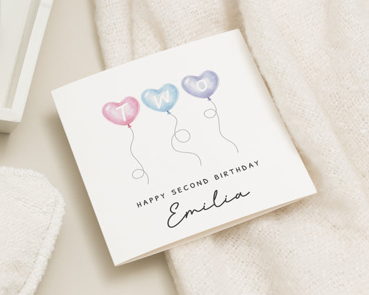 2nd Birthday Card, Personalised Second Birthday Card, Birthday Card for Girl, Custom Two Years Old Card, Heart Balloon Card