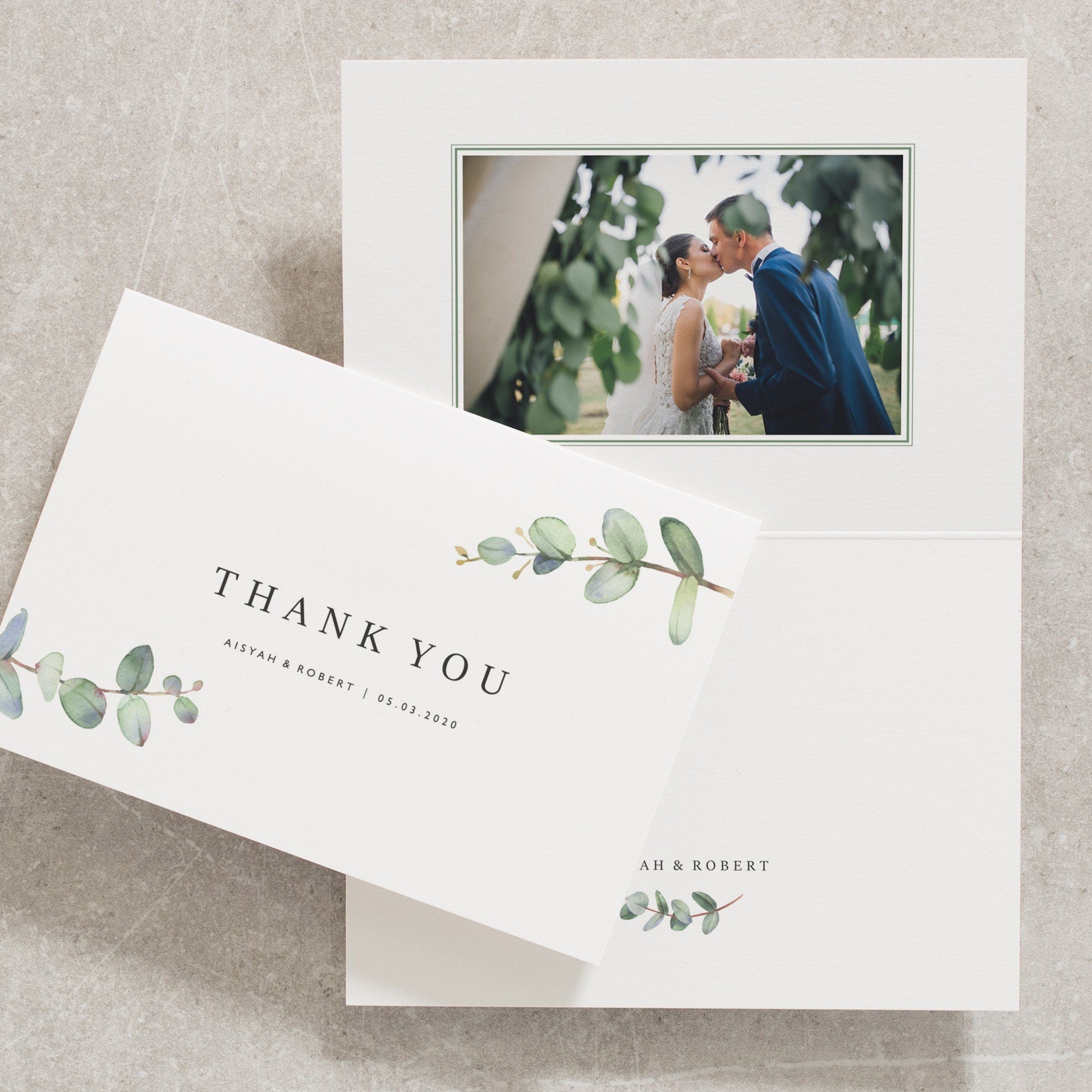 Greenery Wedding Thank You Card with Photo, Eucalyptus Thank You Card Set, Pack of Wedding Thank You Cards, Botanical Foliage Green &#39;Aisyah&#39;