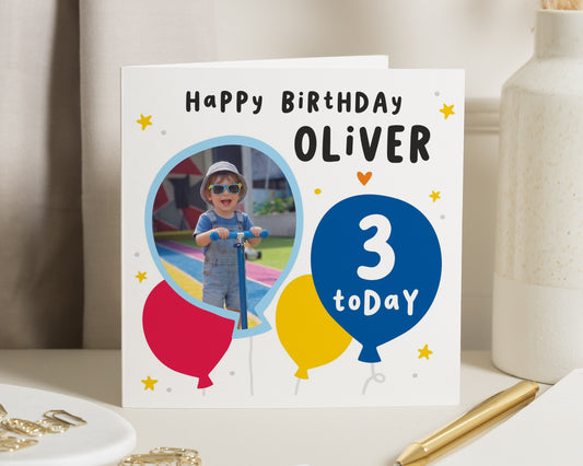 3rd Birthday Card for Boy, Personalised Photo Birthday Card, 3 Today Card, Third Birthday Card, Kids Birthday Card