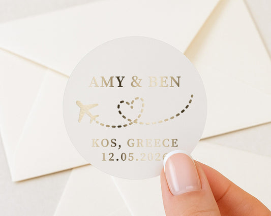 Personalised Wedding Sticker, Gold Foil Wedding Label, Custom Name Sticker, Destination Wedding Favour, Envelope Seal, Travel Theme
