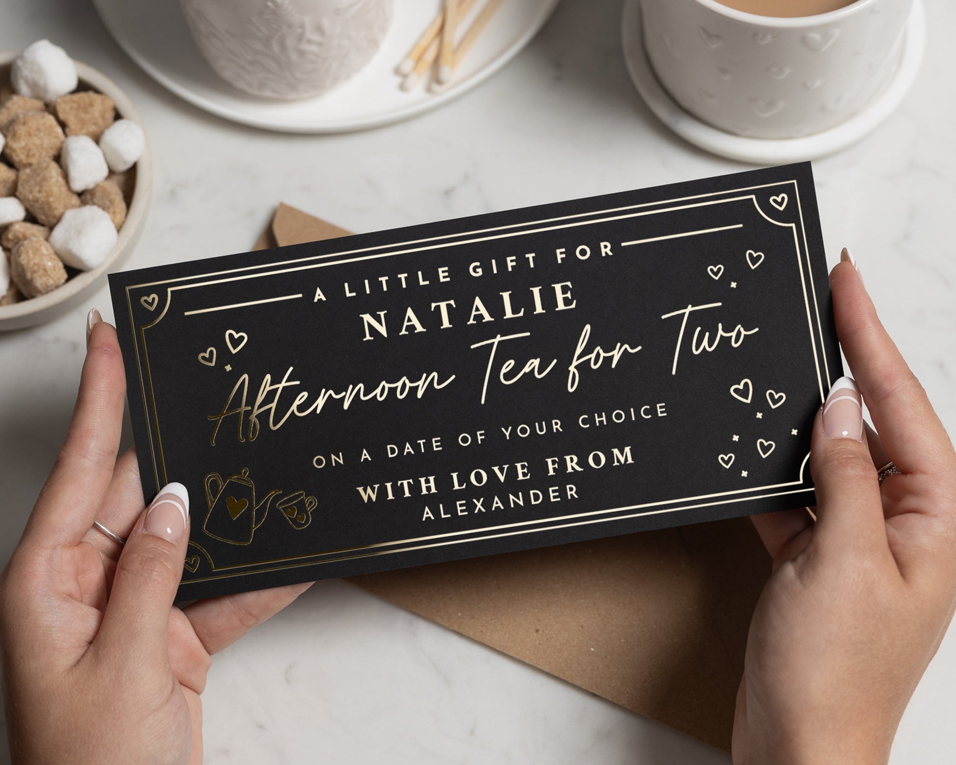 Personalised Afternoon Tea Gift Voucher, Afternoon Tea For Two, Gift Voucher For Her, Gold Foil Gift, Custom Experience Voucher