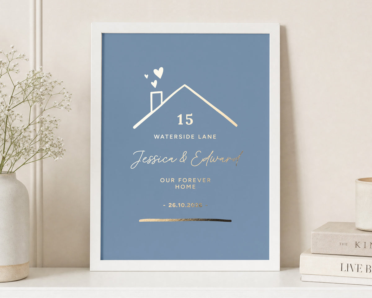 Personalised Gold Foil New Home Print, Blue Grey Wall Art, Custom Address Print, First Home Gift, Gift for Couple, Portrait Wall Art