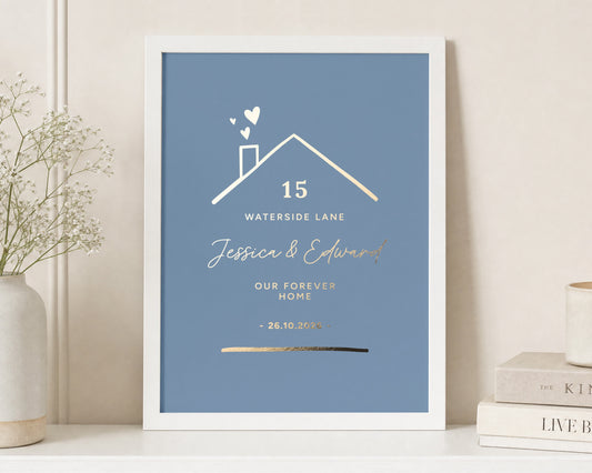 Personalised Gold Foil New Home Print, Blue Grey Wall Art, Custom Address Print, First Home Gift, Gift for Couple, Portrait Wall Art