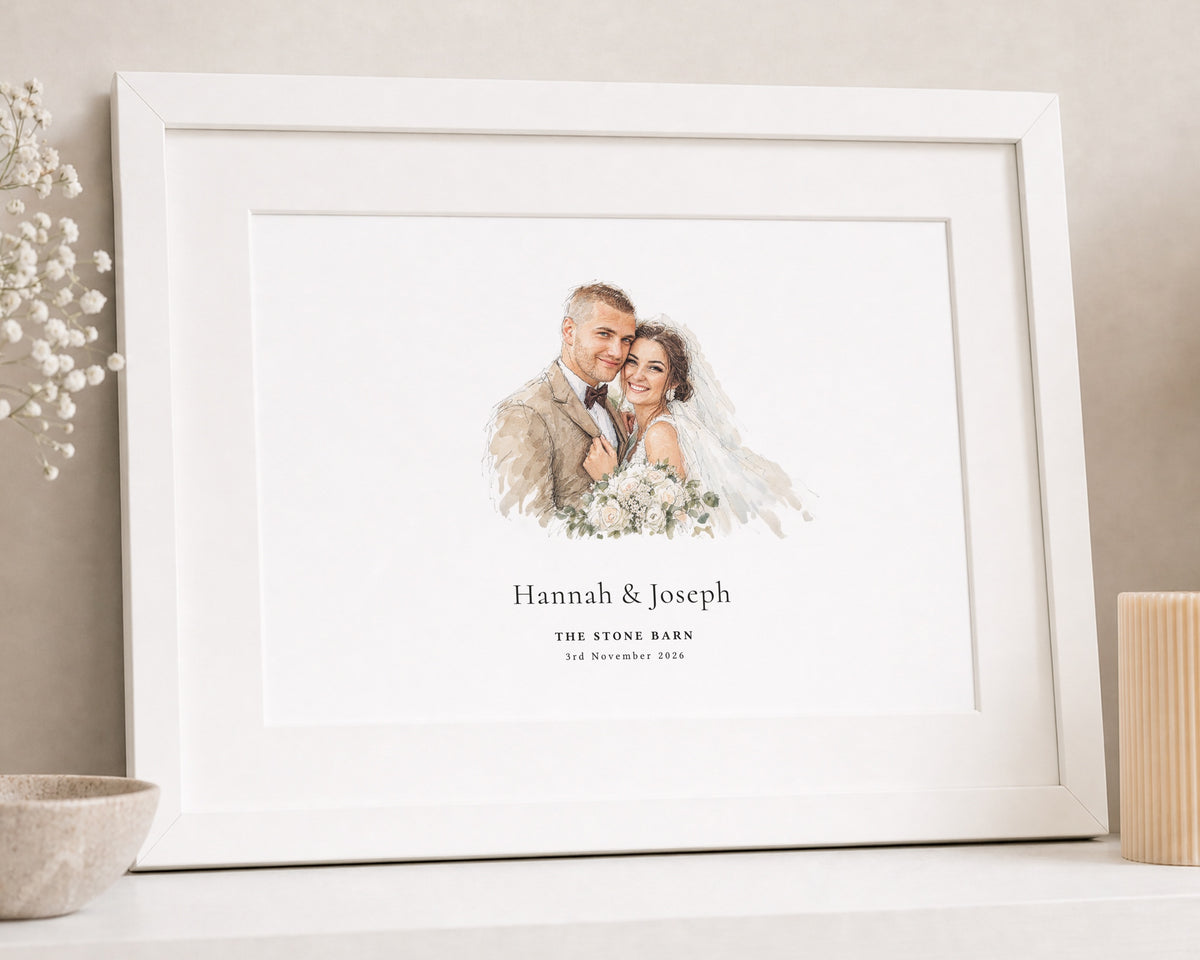 Personalised Wedding Portrait from Your Photo, Custom Couple Illustration, Wedding or Anniversary Gift, White Framed Wall Art