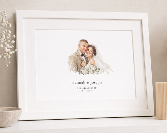 Personalised Wedding Portrait from Your Photo, Custom Couple Illustration, Wedding or Anniversary Gift, White Framed Wall Art