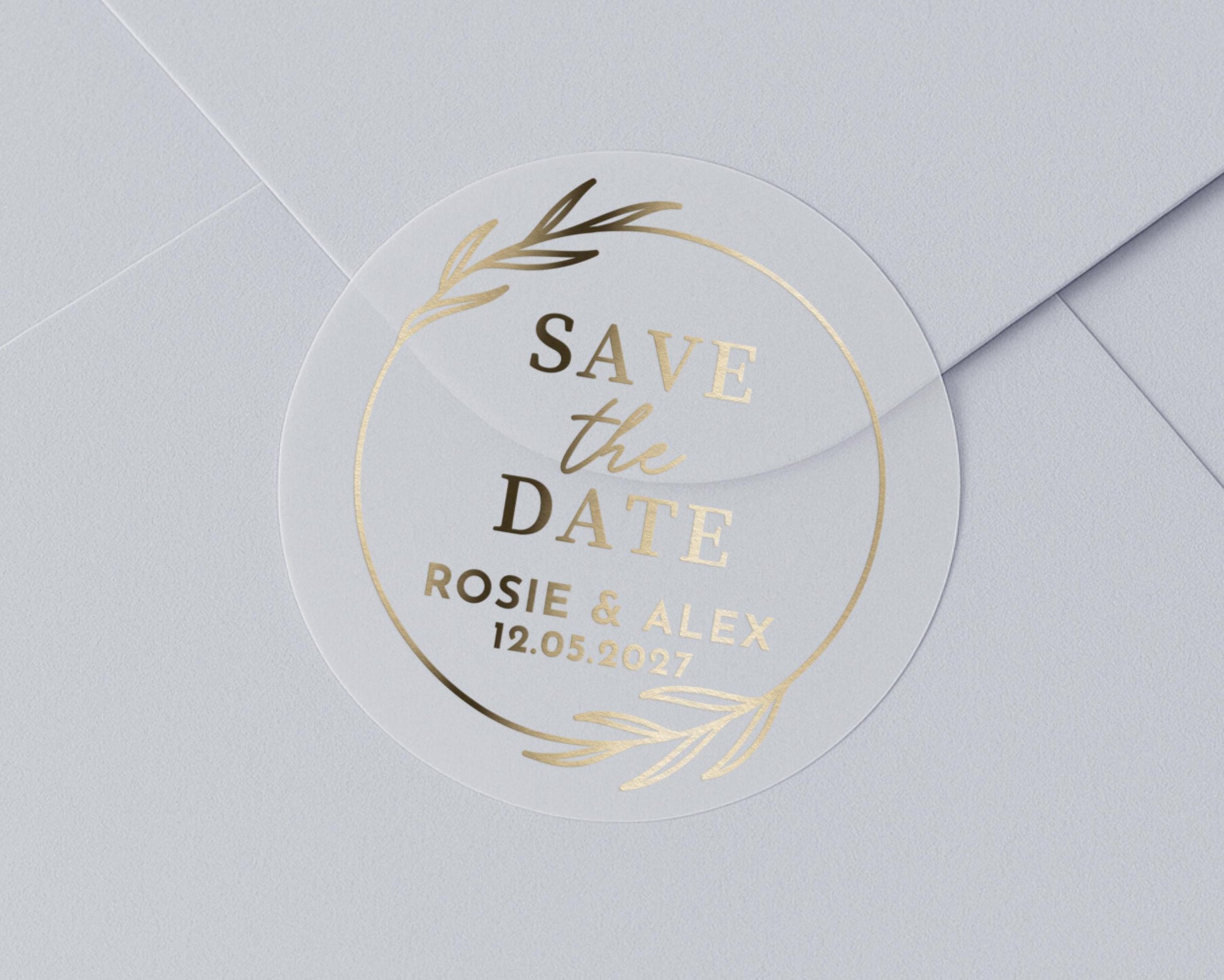 Save The Date Sticker, Gold Foil Wedding Sticker, Personalised Save The Date, Custom Wedding Envelope Seal, Transparent Gold Save The Date