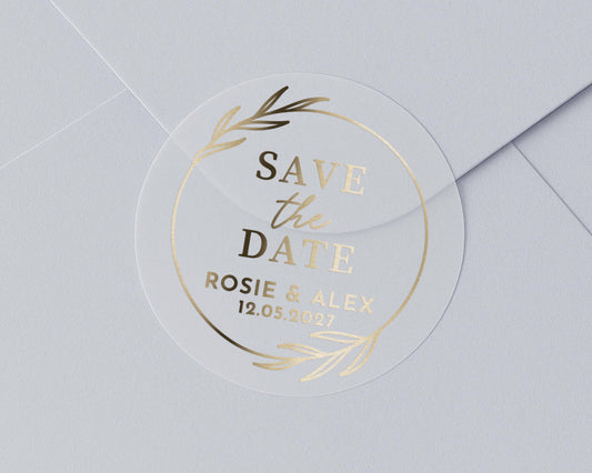 Save The Date Sticker, Gold Foil Wedding Sticker, Personalised Save The Date, Custom Wedding Envelope Seal, Transparent Gold Save The Date