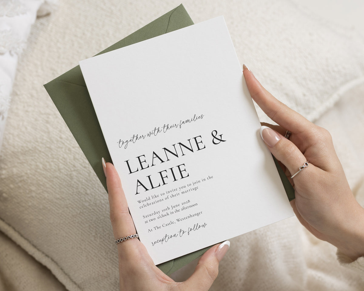 Sage Green Wedding Invitations, Minimalist Wedding Invitation, Elegant Black and White Wedding Invites, Olive Green Envelope Suite