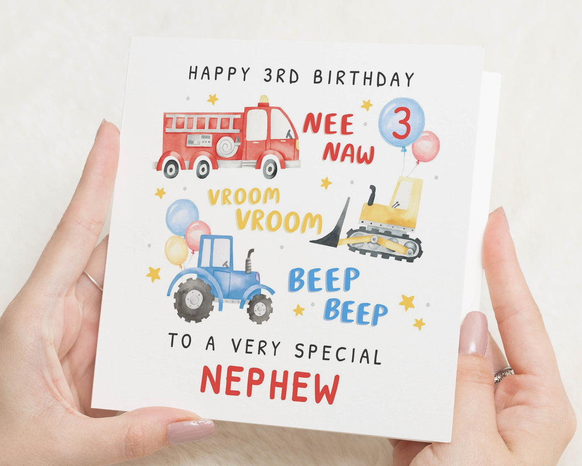3rd Birthday Card for Nephew, Nephew Birthday Card, 3rd Birthday Card Boy, Vehicle Birthday Card, Digger Fire Engine Card