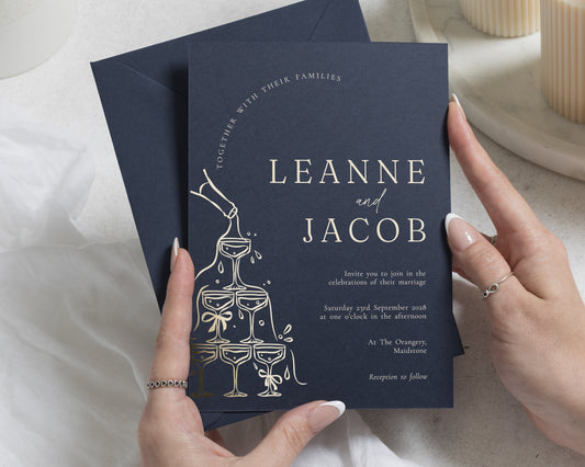 Gold Foil Champagne Tower Wedding Invitations, Navy Personalised Wedding Invites, Elegant Celebration Invitation